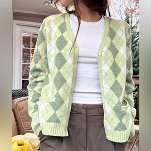 Vintage Green Argyle Knit Cardigan Sweater
